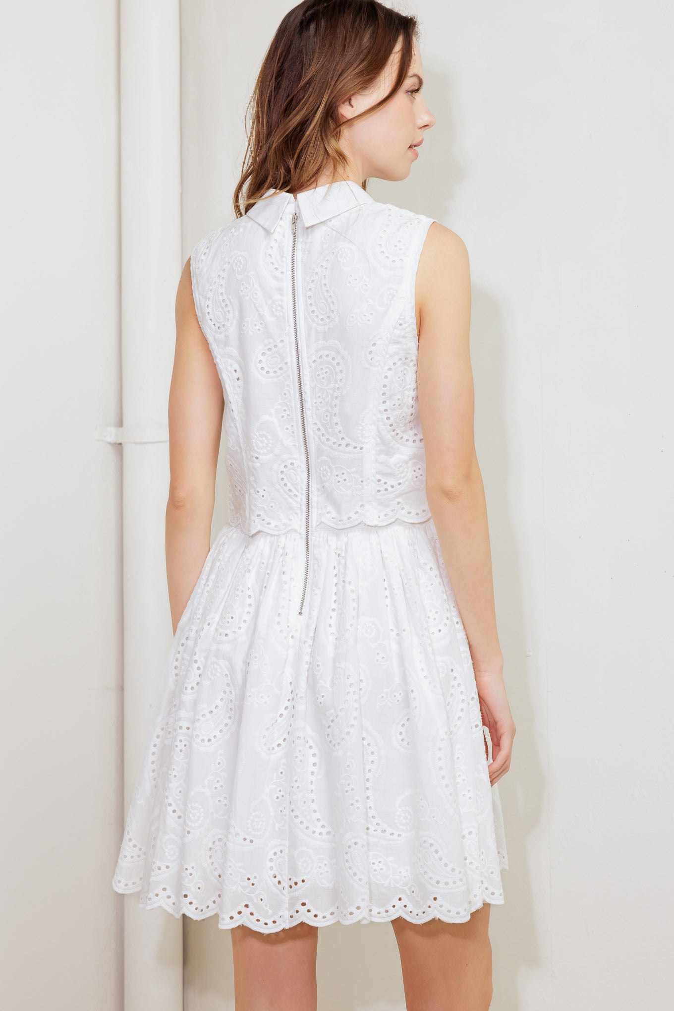 LEAF KISS WHITE WOVEN EYELET MINI DRESS Flying Tomato